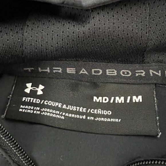 Under Armour Mens Vanish Popover Medium M Hood Threadborn Fitted Black 1/4 Zip - Picture 7 of 10